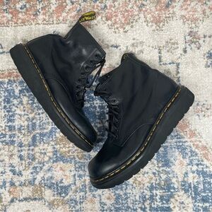 Dr. Martens Black Lace-Up Platform Boots with Yellow Stitching